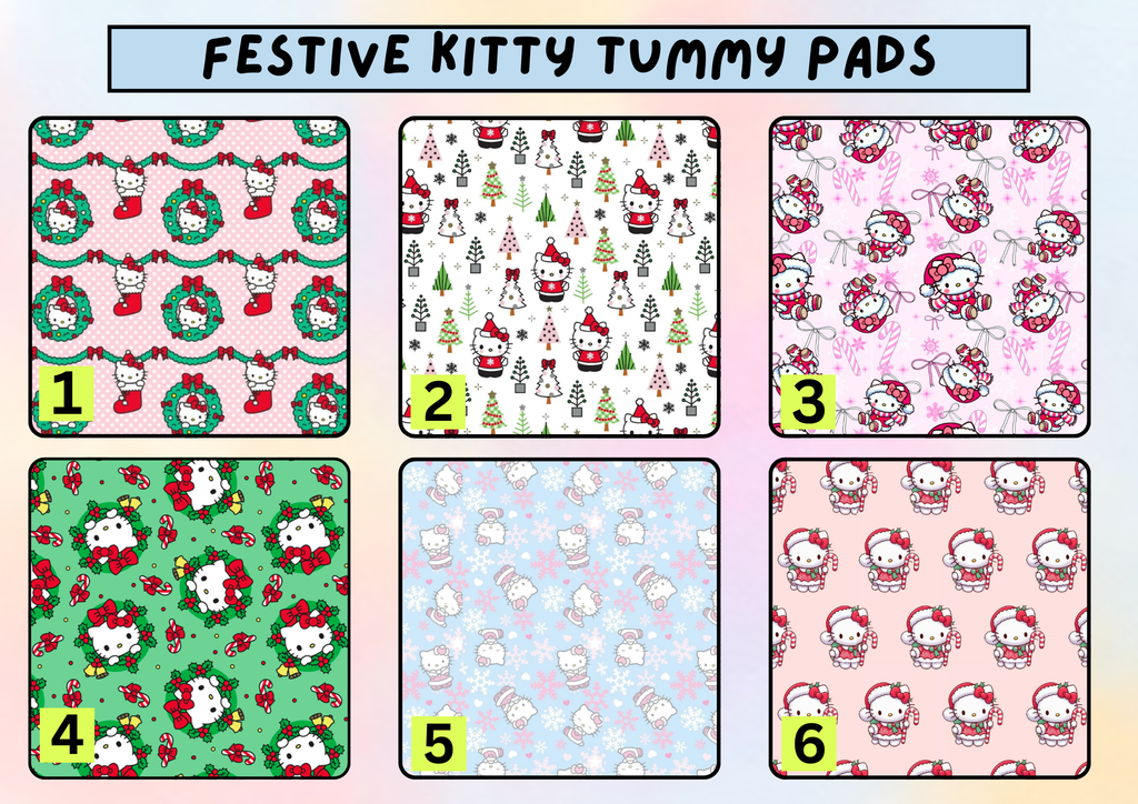 Festive kitty tummy pad - MULTIPLE PATTERNS - absorbent soft g tube cover - stoma, catheter, feeding tube