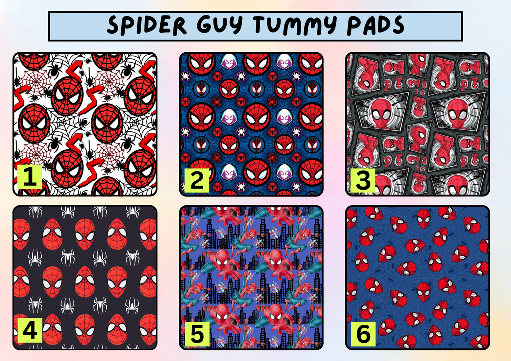 Spider guy tummy pad - MULTIPLE PATTERNS - absorbent soft g tube cover - stoma, catheter, feeding tube