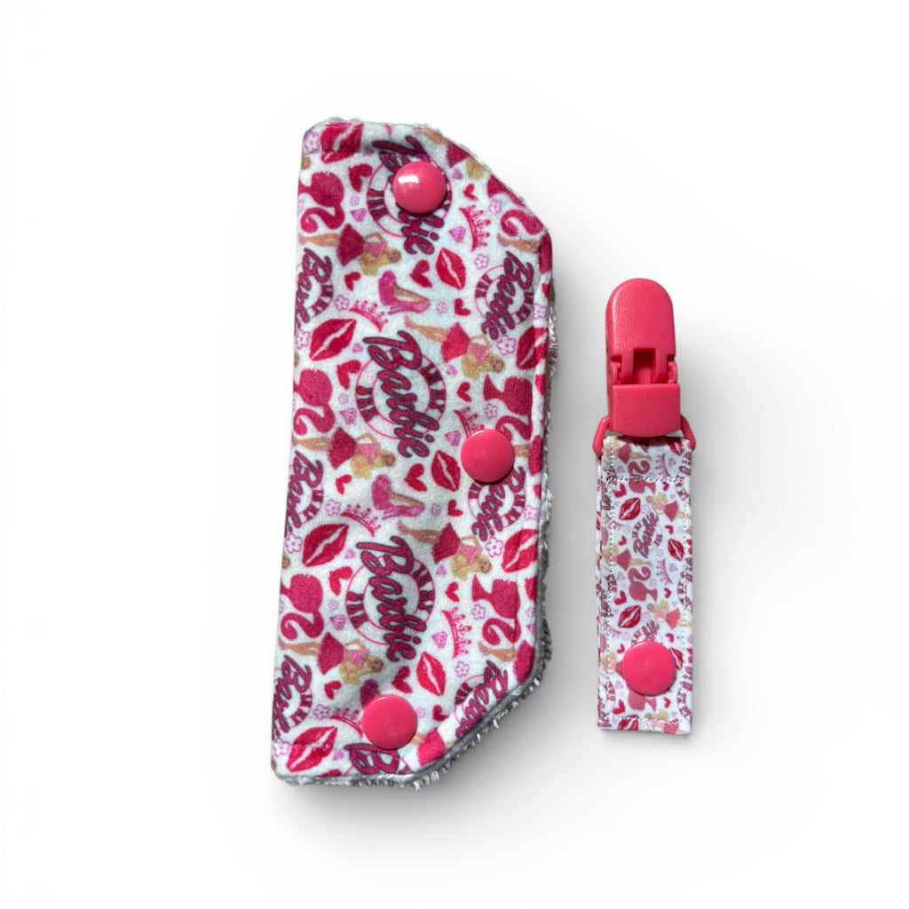 Pink doll tubie clip/cover - gtube tpn stoma - absorbent soft line protector and matching clip