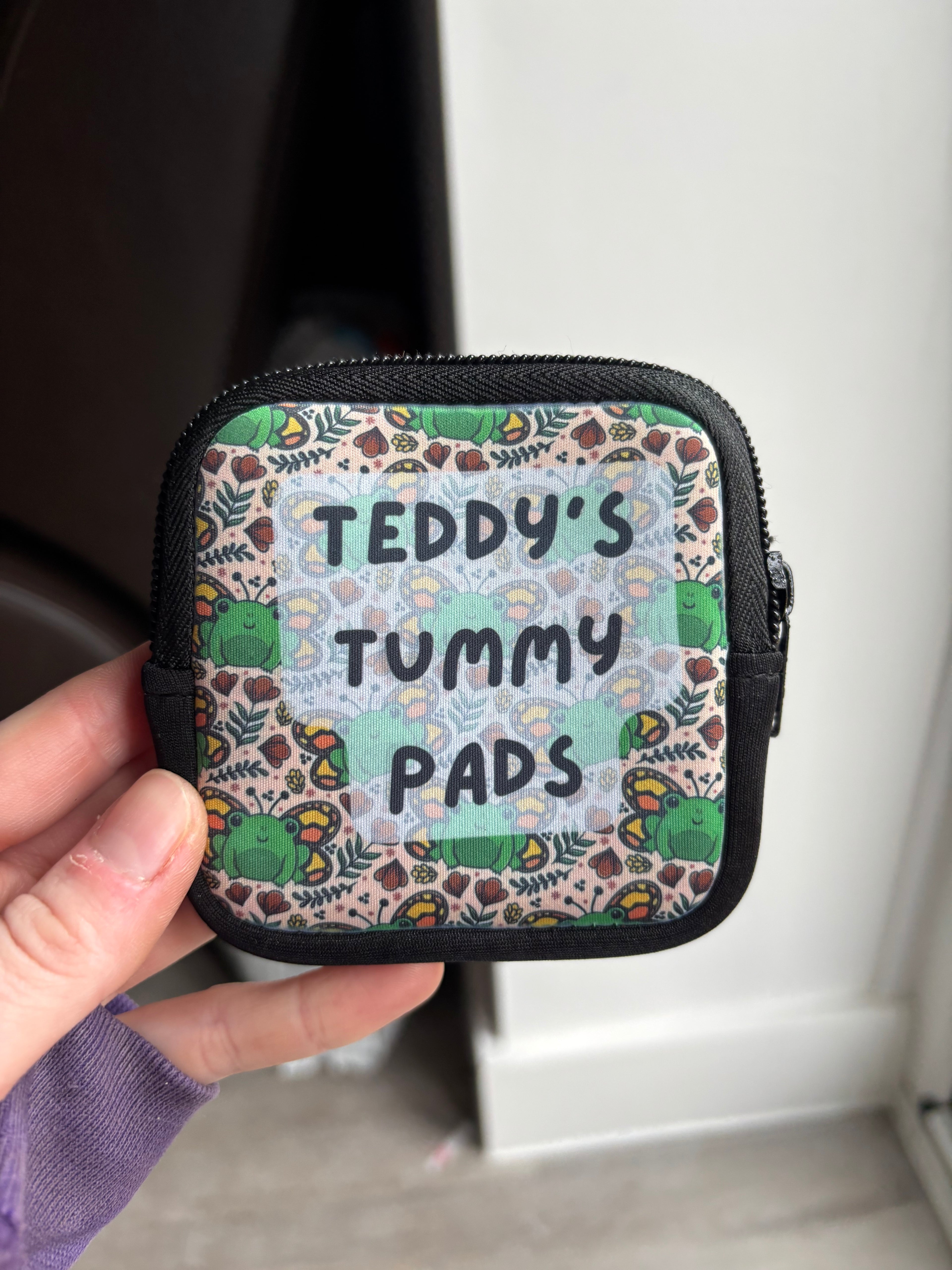 Spring frogs tummy pad pouch - personalised g tube pad holder - stoma, catheter, feeding tube storage