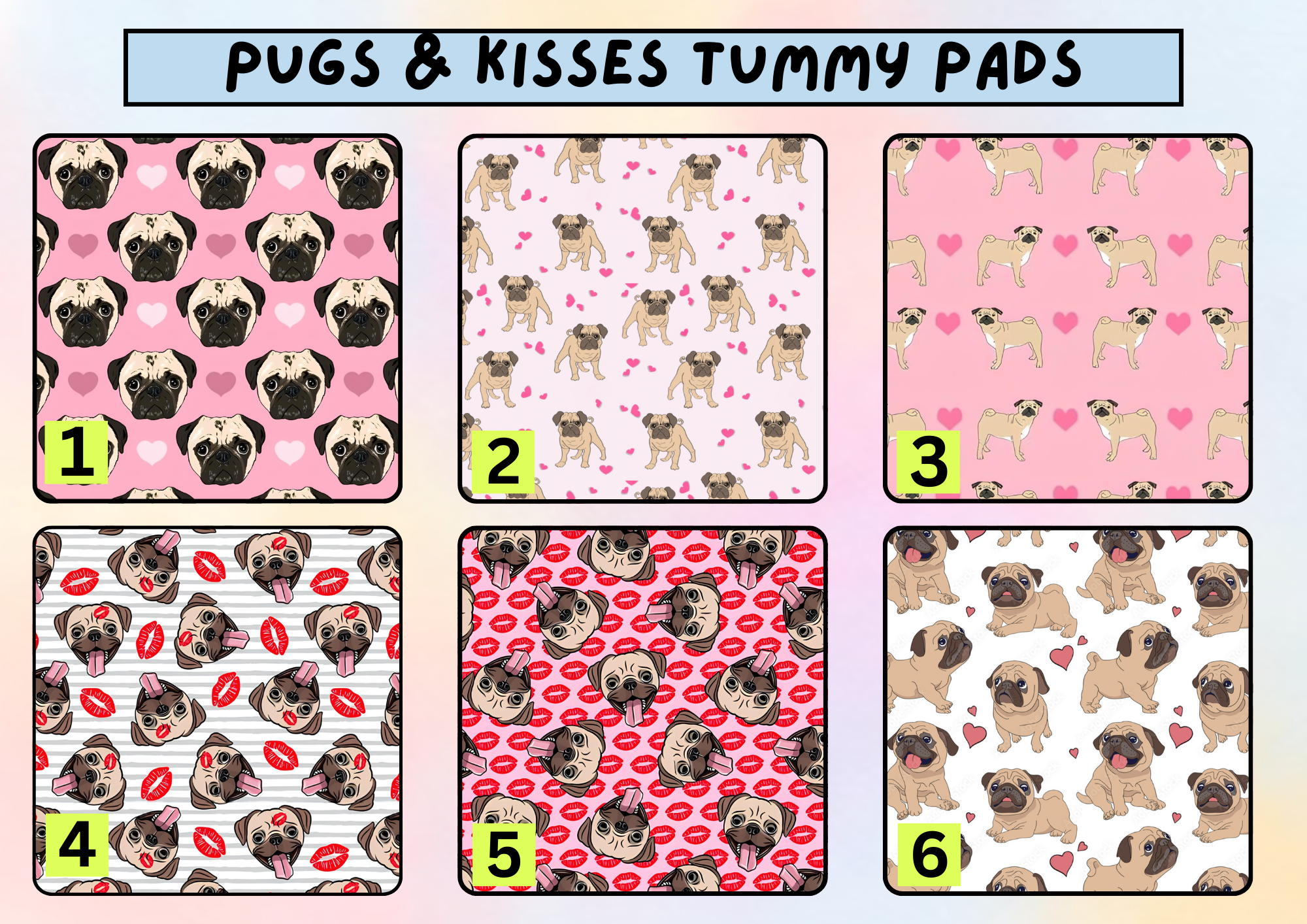 Pugs and kisses tummy pad - MULTIPLE PATTERNS - absorbent soft g tube cover - stoma, catheter, feeding tube