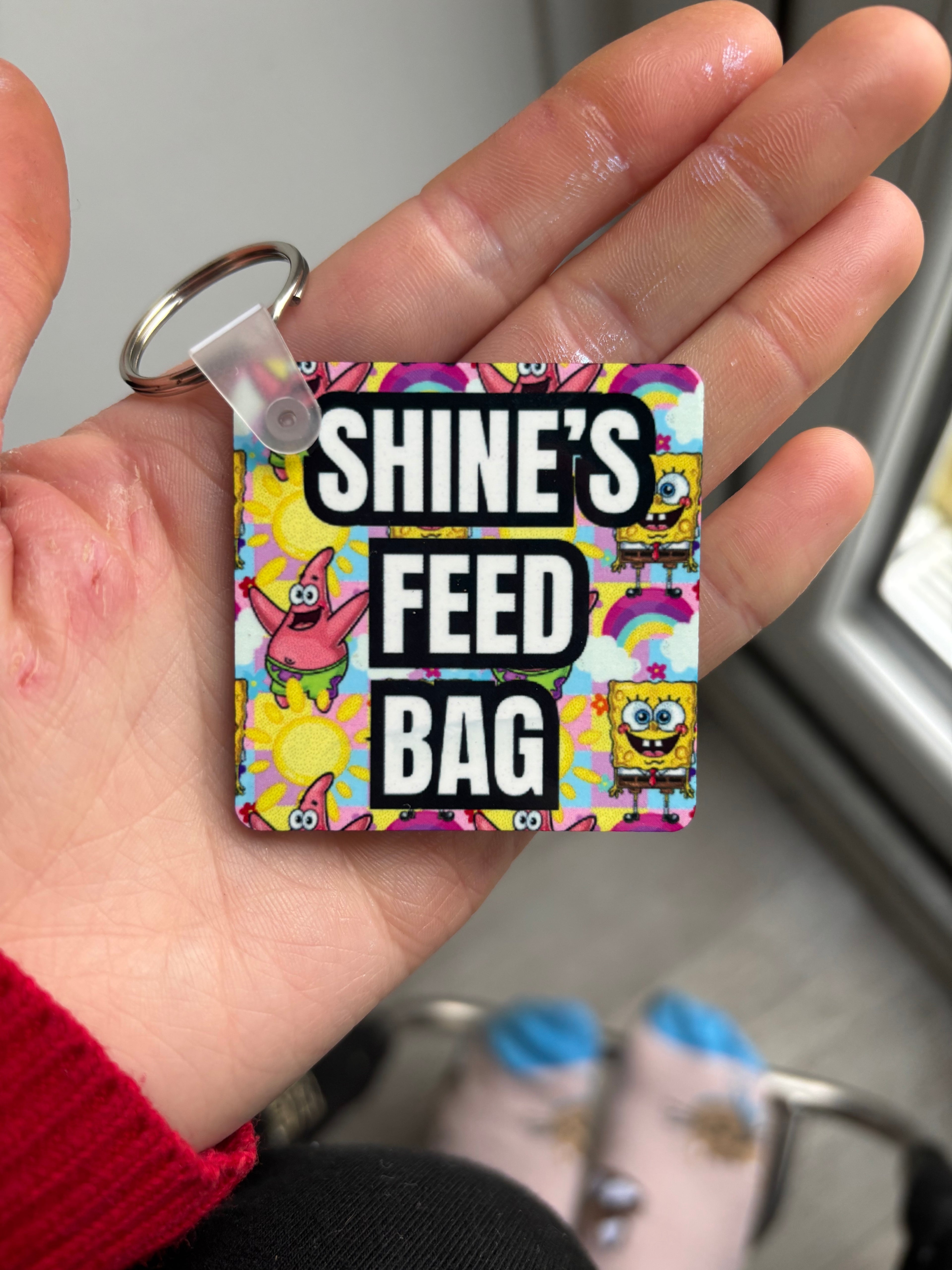 Sponge friends personalised feed/medical bag tag