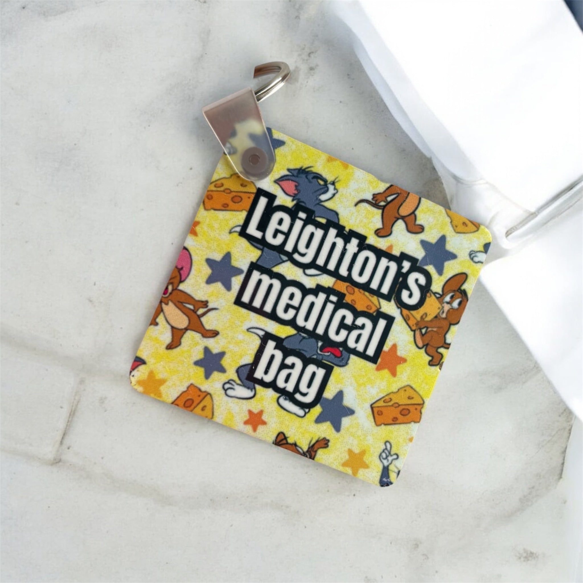 Cat and mouse personalised feed/medical bag tag