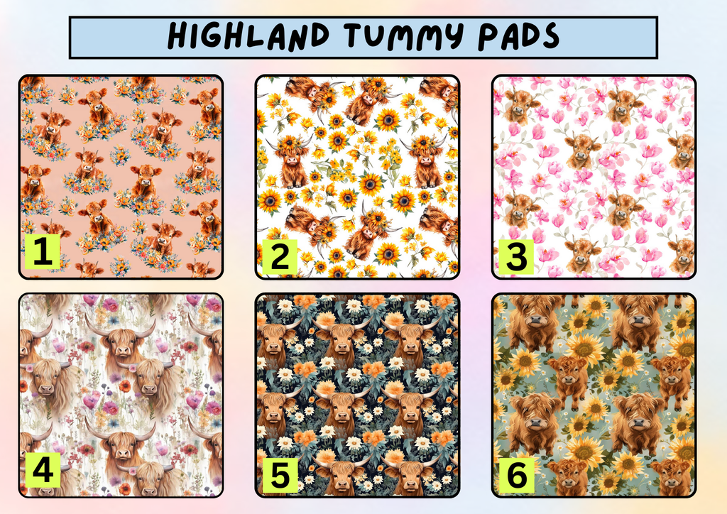 Highland cow tummy pad - MULTIPLE PATTERNS - absorbent soft g tube cover - stoma, catheter, feeding tube