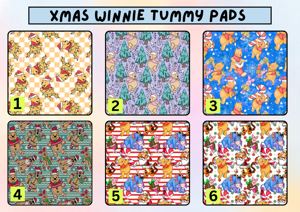 Xmas Winnie tummy pad - MULTIPLE PATTERNS - absorbent soft g tube cover - stoma, catheter, feeding tube
