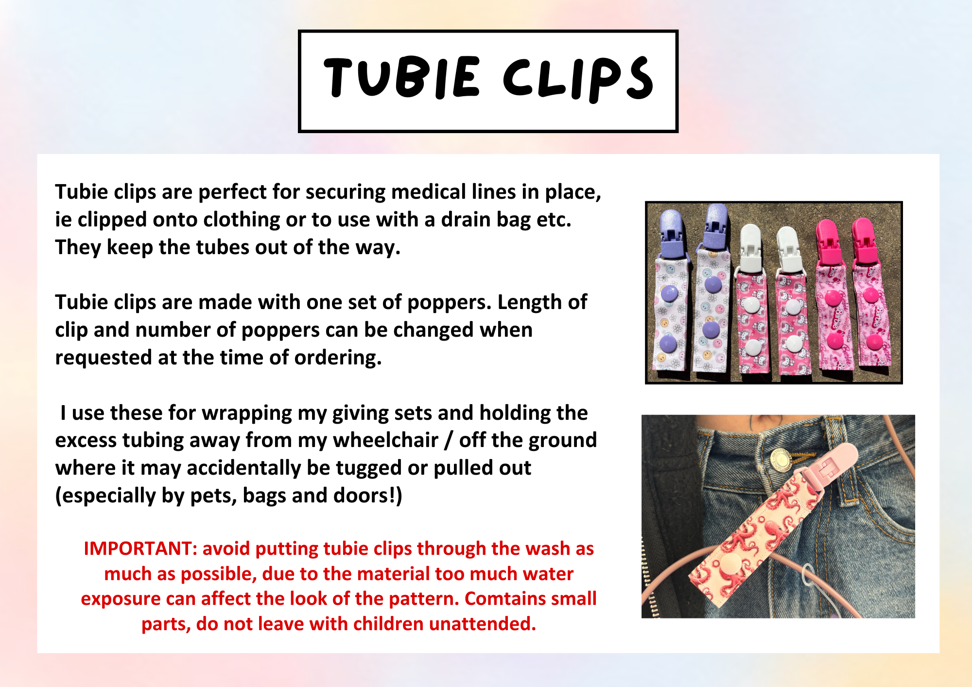 Retro holiday tubie clip - MULTIPLE PATTERNS - absorbent soft g tube cover - stoma, catheter, feeding tube